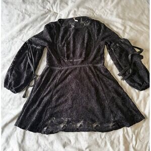 Free People Black Lace Mini Dress Balloon Sleeve Ribbon Tie Boho Goth Small